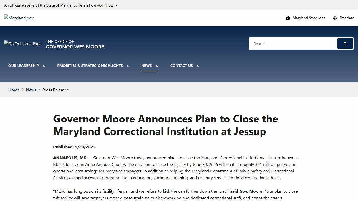 Governor Moore Announces Plan to Close the Maryland Correctional Institution at Jessup - Press Releases - News - Office of Governor Wes Moore